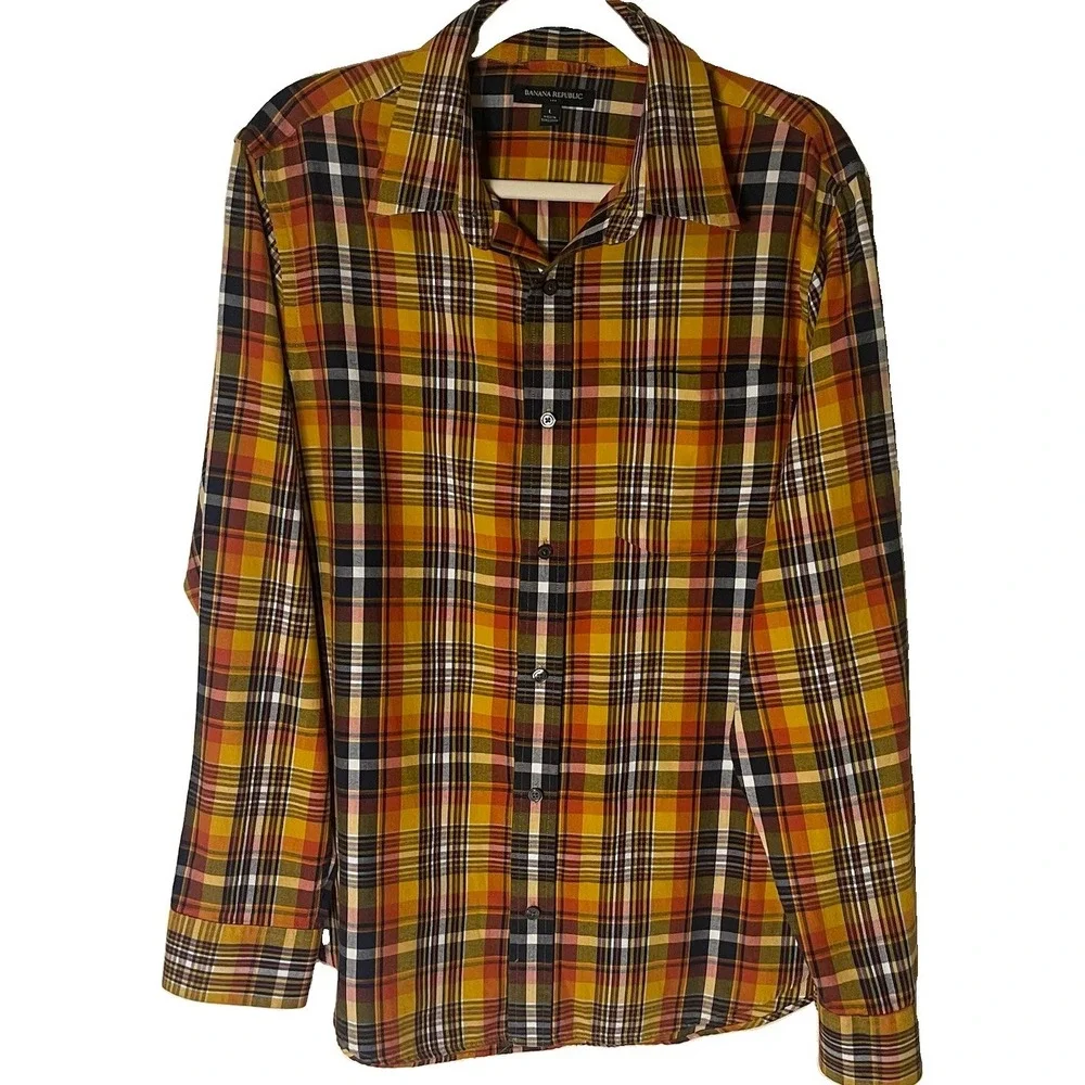 Banana Republic Mens Large Long Sleeve Plaid Shirt Orange Navy Gold Cotton